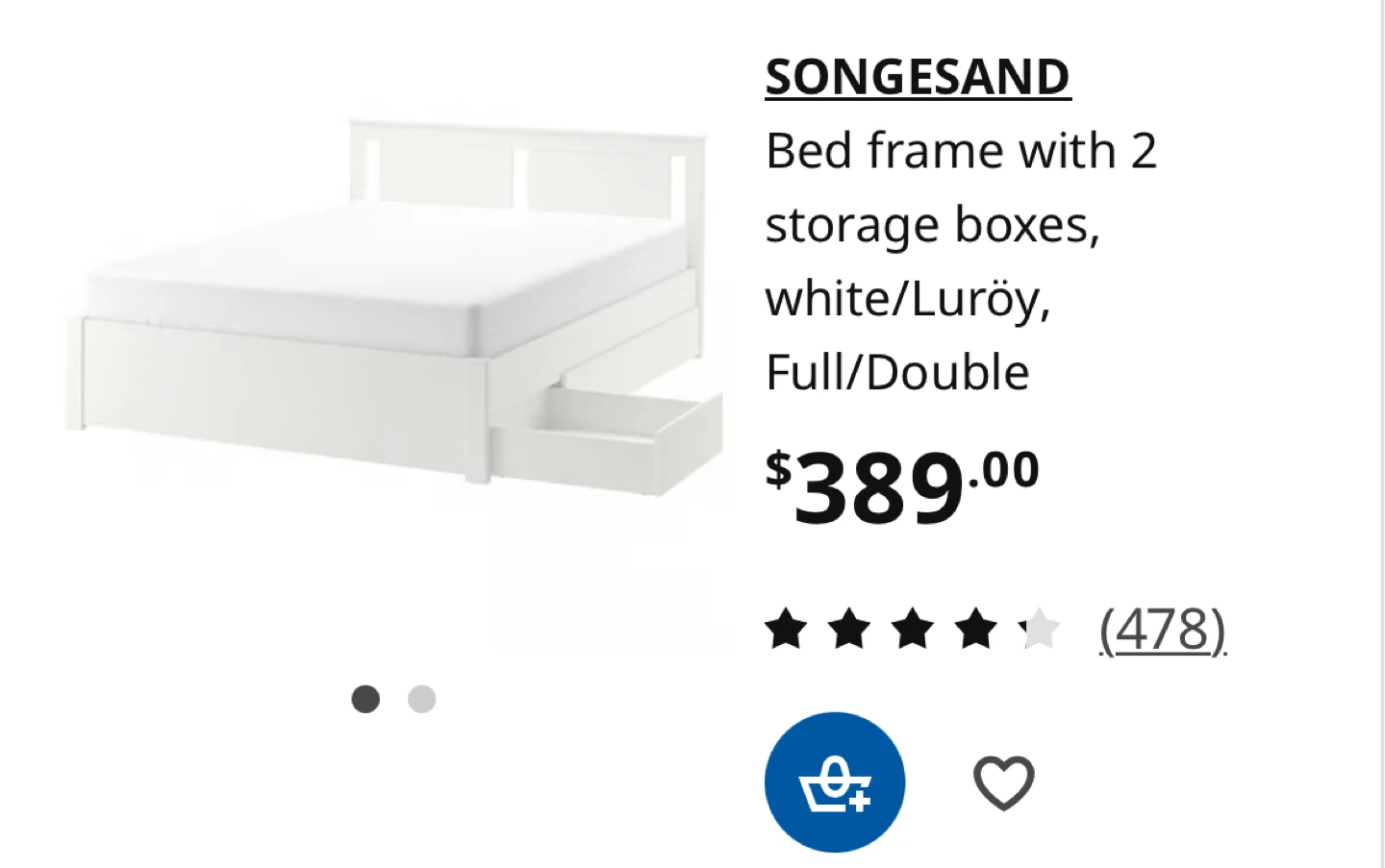 IKEA SONGESAND Full/Double Bed Frame - White