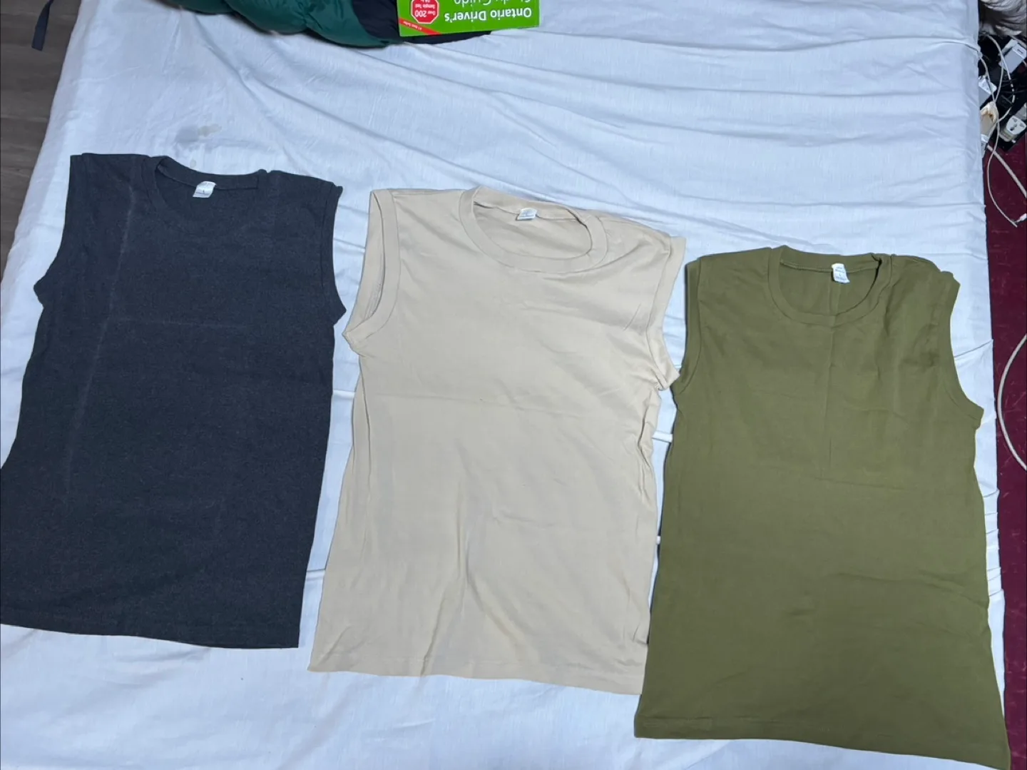 Three Sleeveless T-Shirts - Grey, Beige, Olive