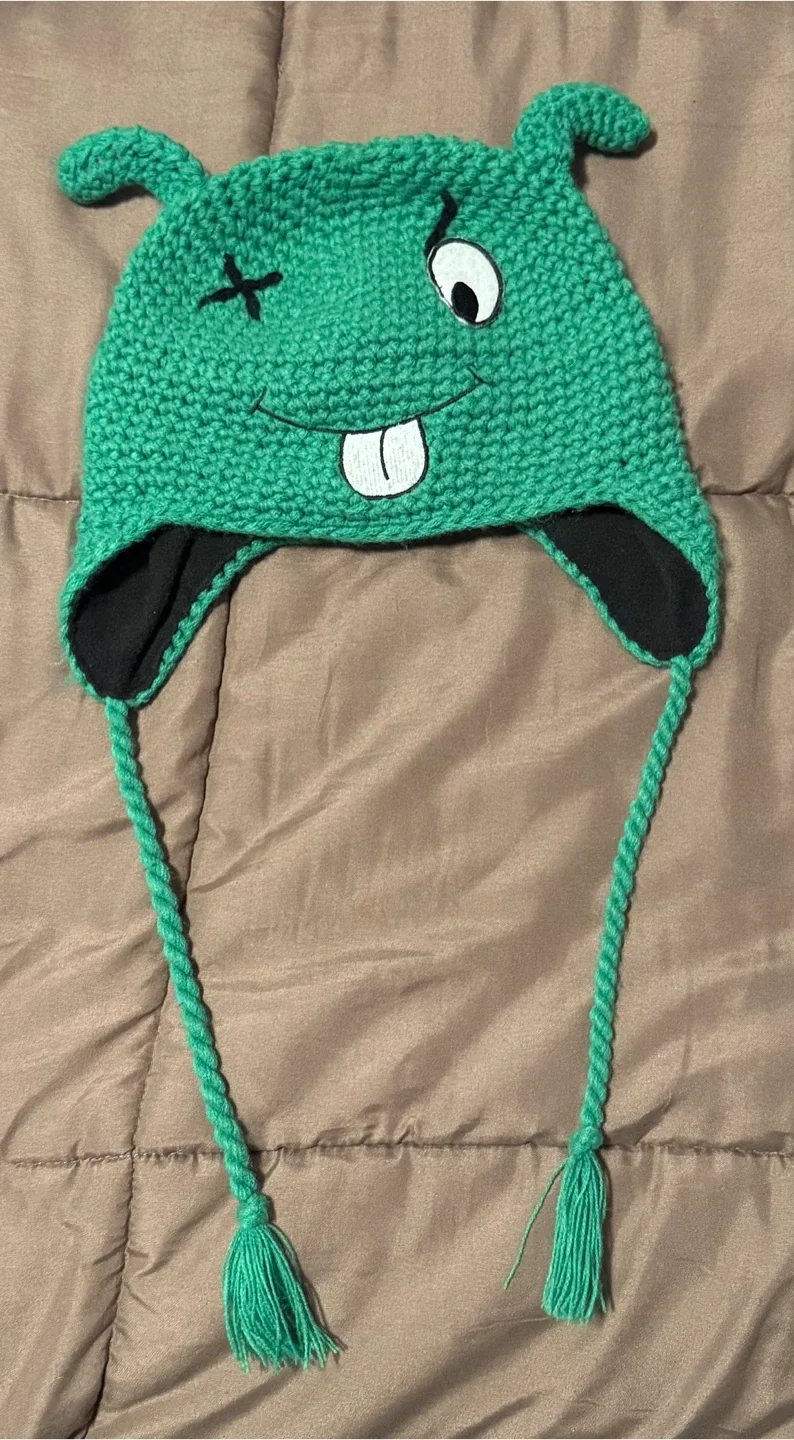Green Silly Face Knit Beanie with Strings Hat thumbnail