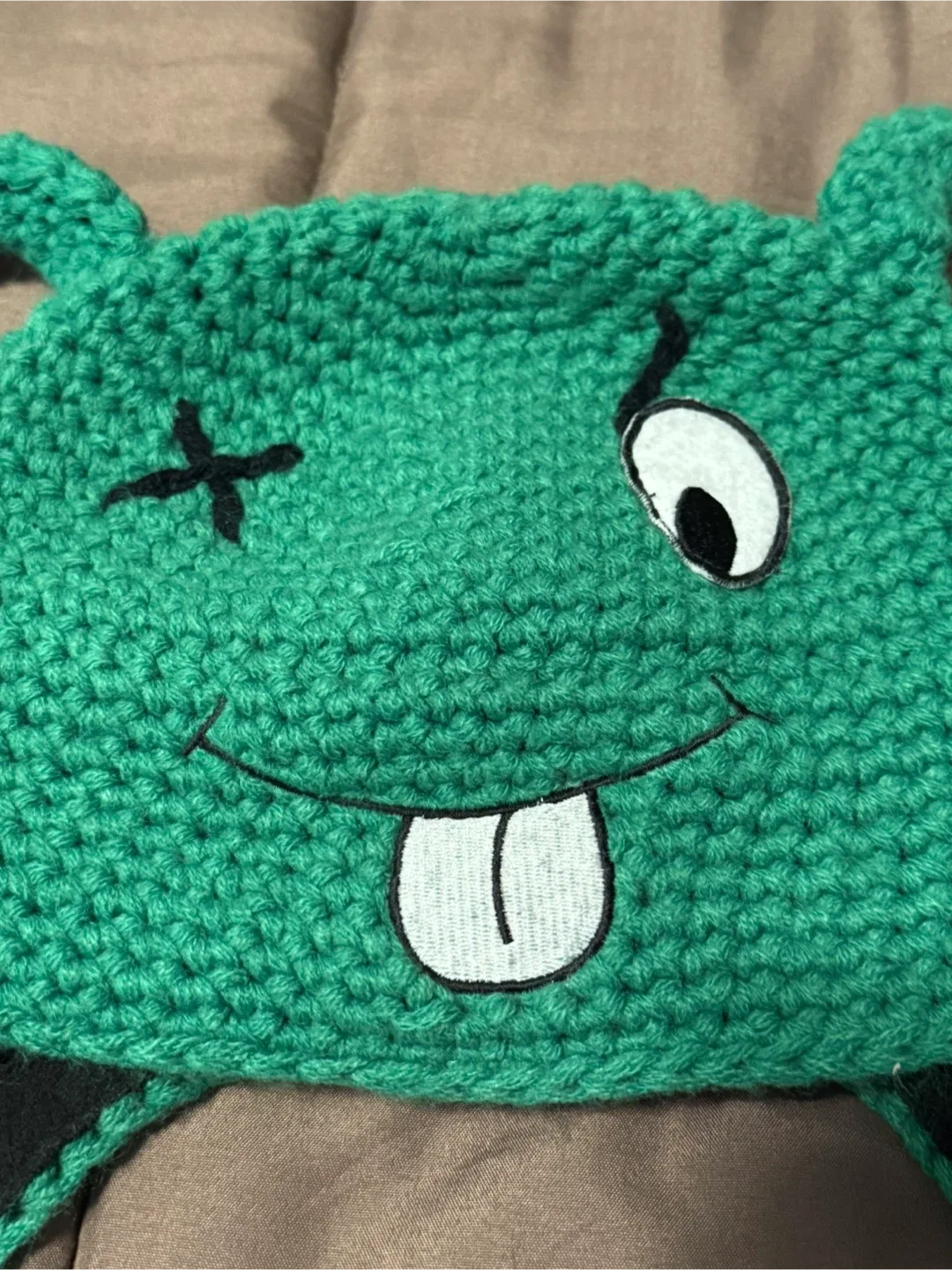 Green Silly Face Knit Beanie with Strings Hat image indicator(2)
