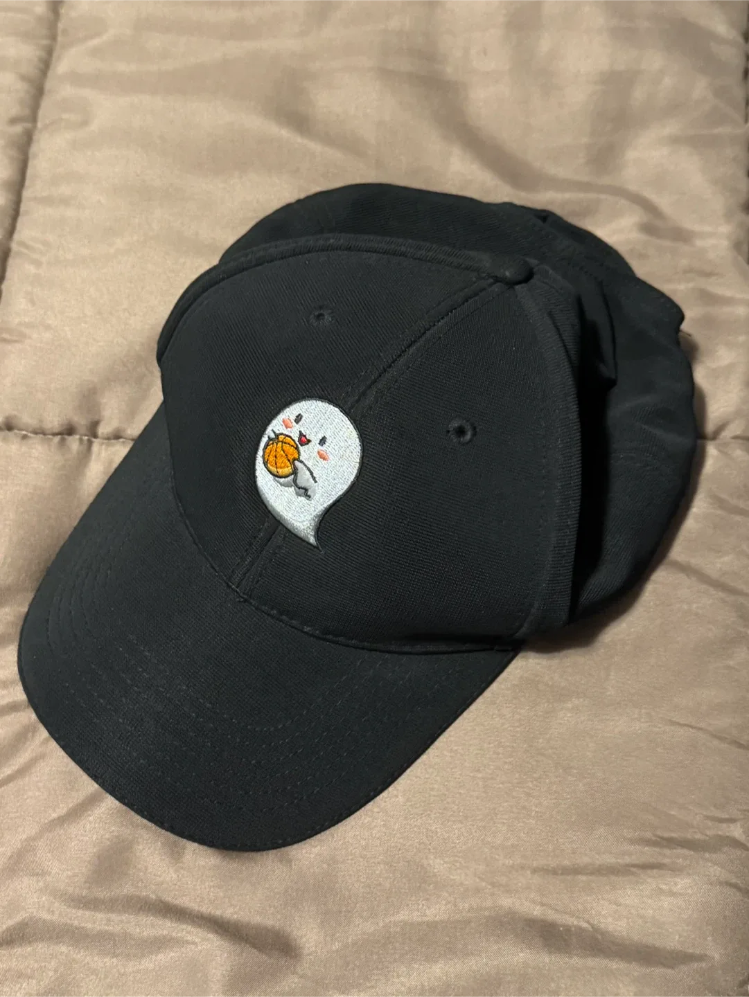 Black Baseball Cap with Cute Ghost Basketball Design thumbnail