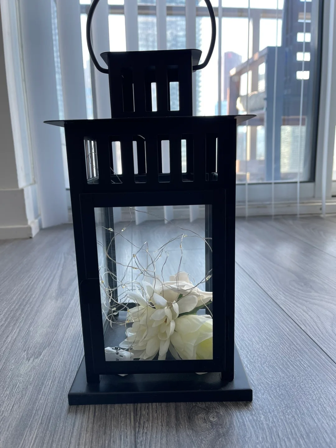 Black Metal Lantern with Faux Flowers thumbnail