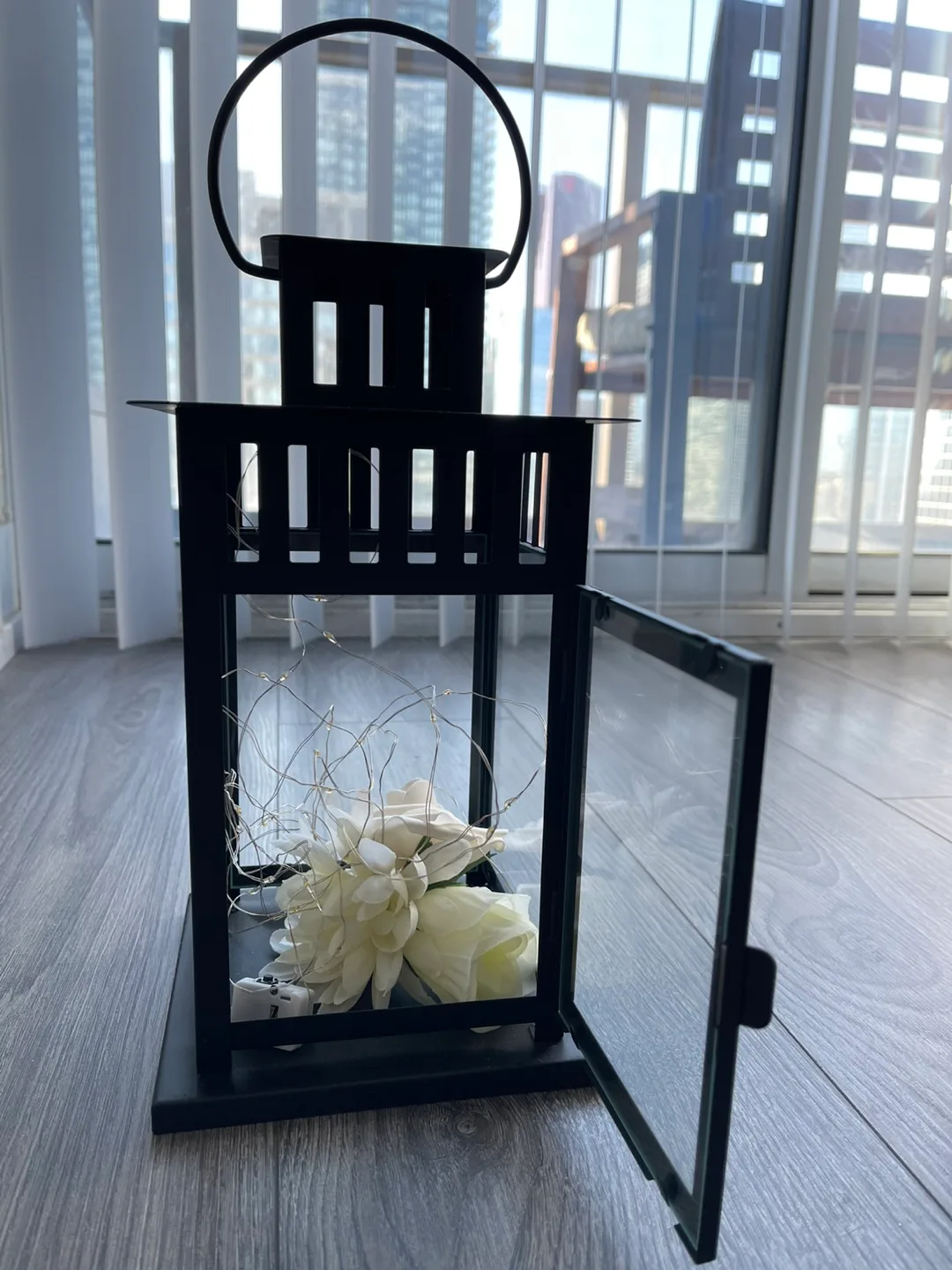 Black Metal Lantern with Faux Flowers image indicator(2)