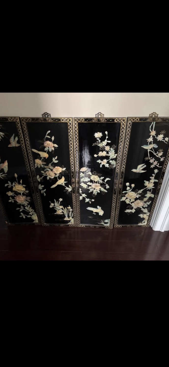 Vintage Black Lacquer Mother of Pearl Panel Screen
