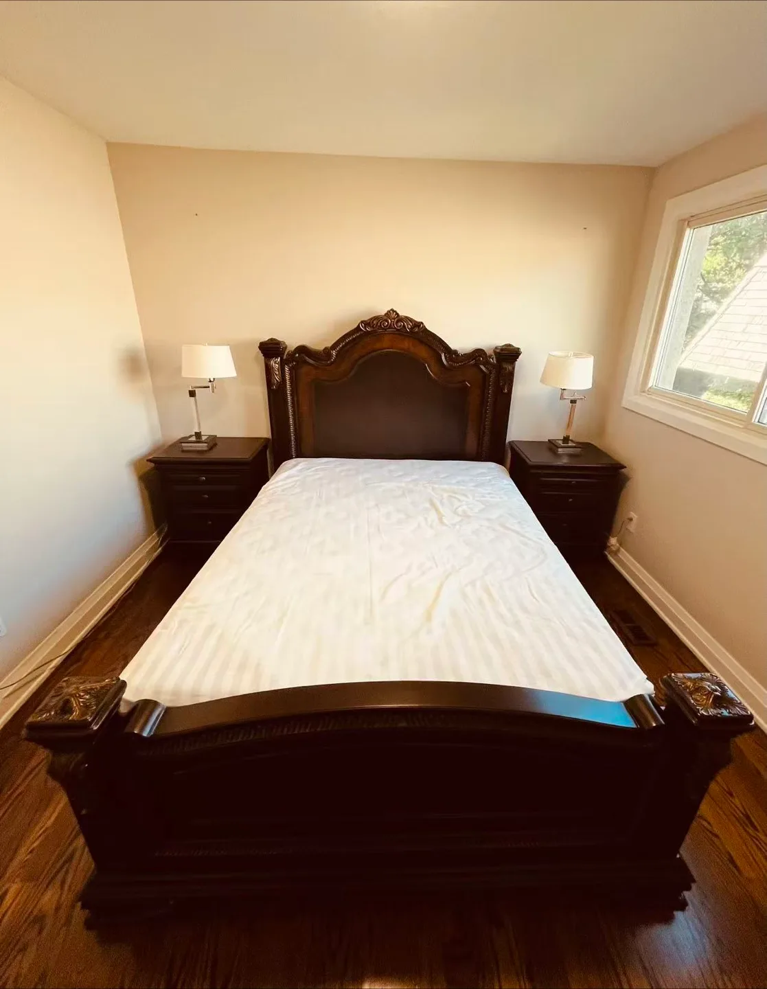 Set of Dark Wood Queen Bed Frame and 2 Nightstands and Mattress thumbnail