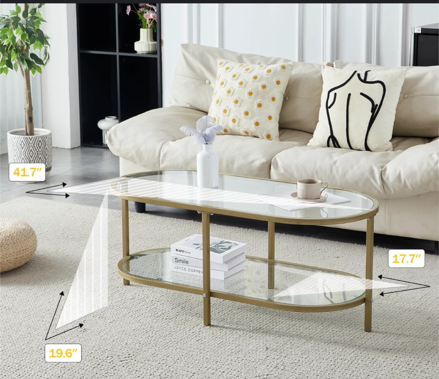 Oval Glass Coffee Table with Gold Metal Frame