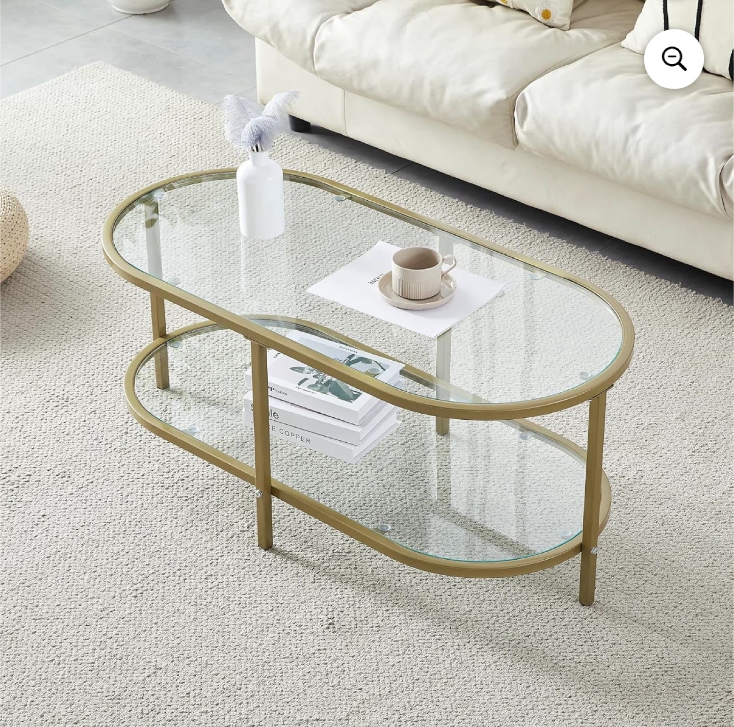 Oval Glass Coffee Table with Gold Metal Frame - photo 2