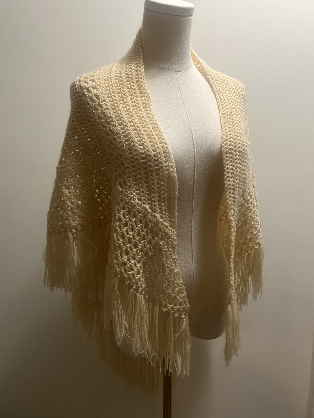 Hand Knit crochet with Fringe, Cream Shawl