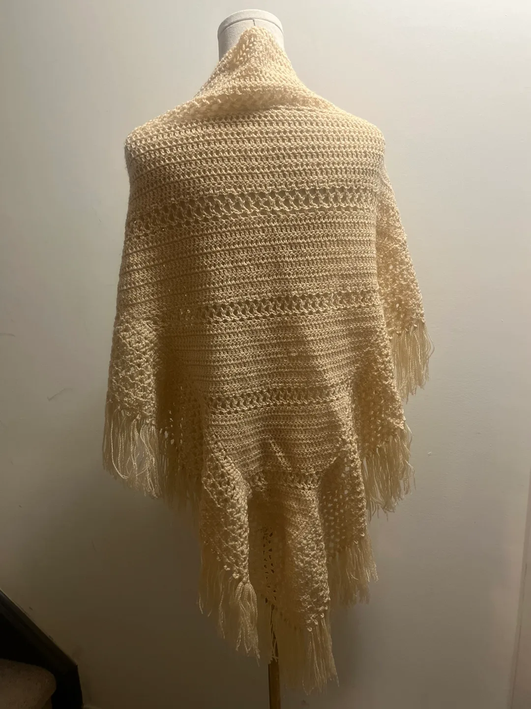 Hand Knit crochet with Fringe, Cream Shawl image indicator(2)