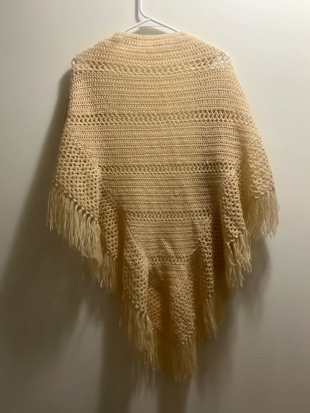 Hand Knit crochet with Fringe, Cream Shawl image indicator(4)