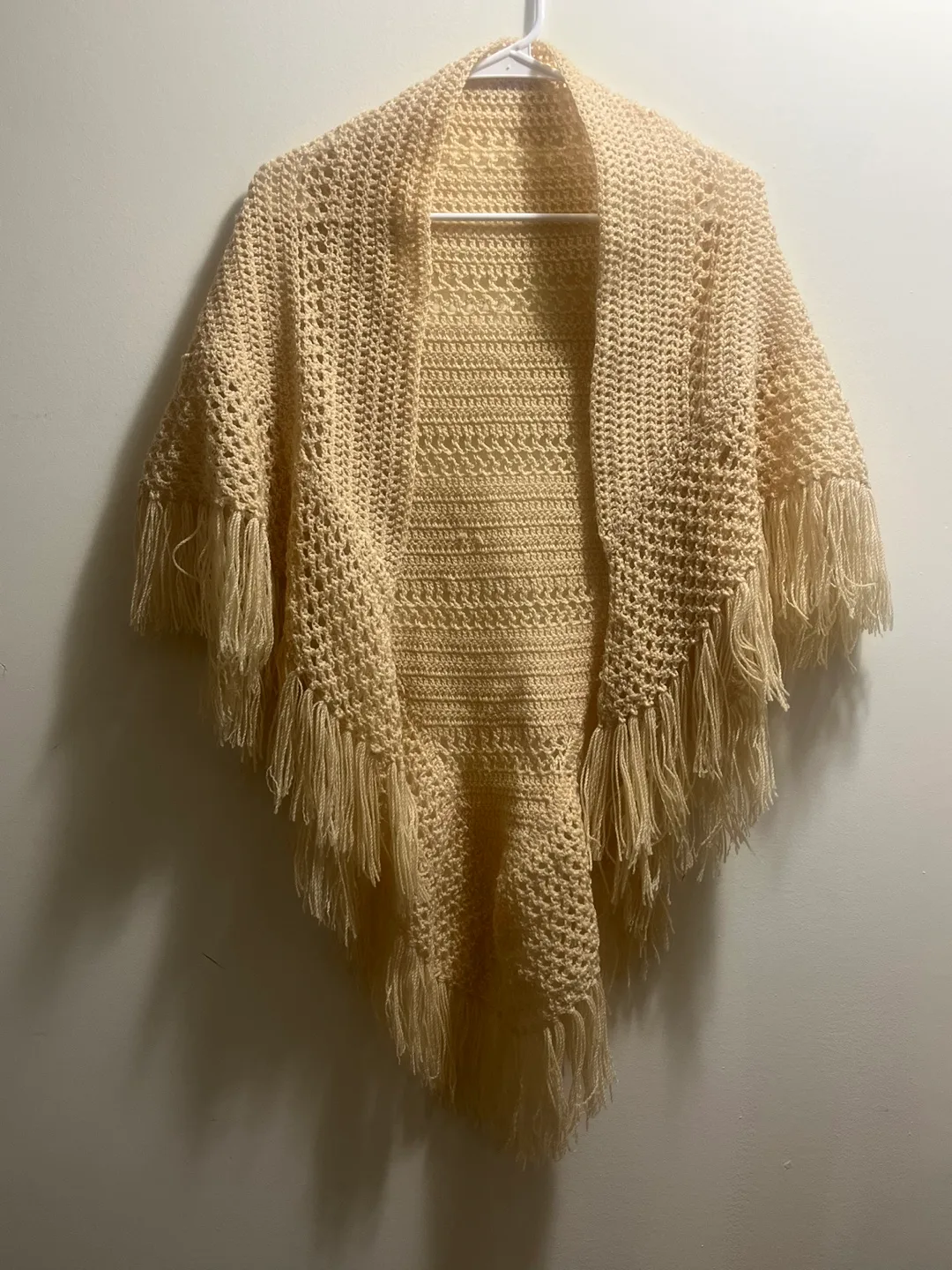 Hand Knit crochet with Fringe, Cream Shawl image indicator(3)