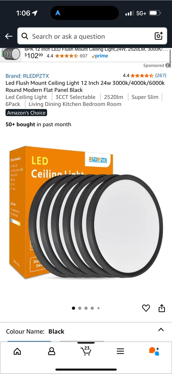 RLEDPZTX 6 pack 12 Inch LED Flush Mount Ceiling Light - Black thumbnail