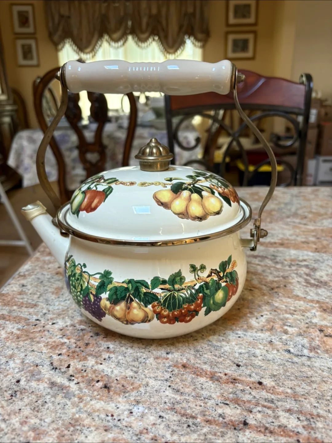 Vintage Enamelware Teapot with Fruit Design thumbnail