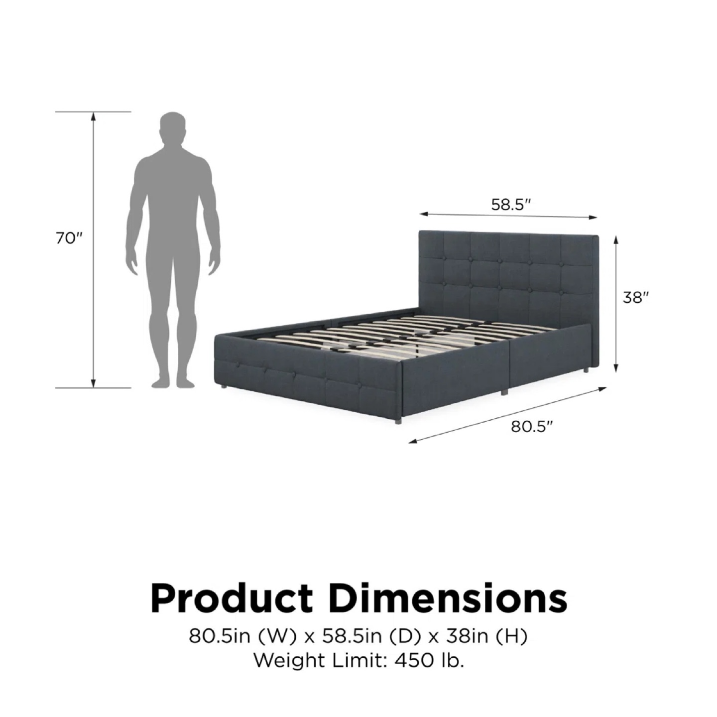 Queen Size Dark Blue Upholstered Bed Frame with Storage - photo 3