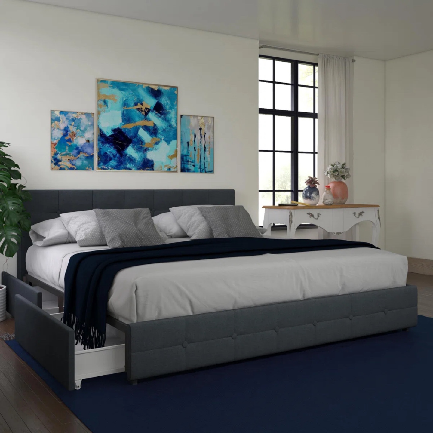 Queen Size Dark Blue Upholstered Bed Frame with Storage