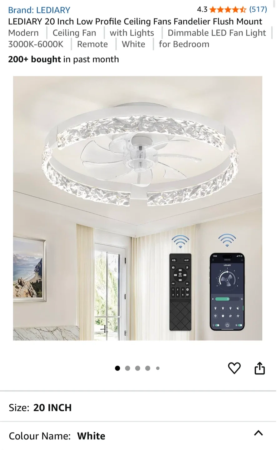 LEDIARY 20 Inch Low Profile Ceiling Fan with Lights - White thumbnail