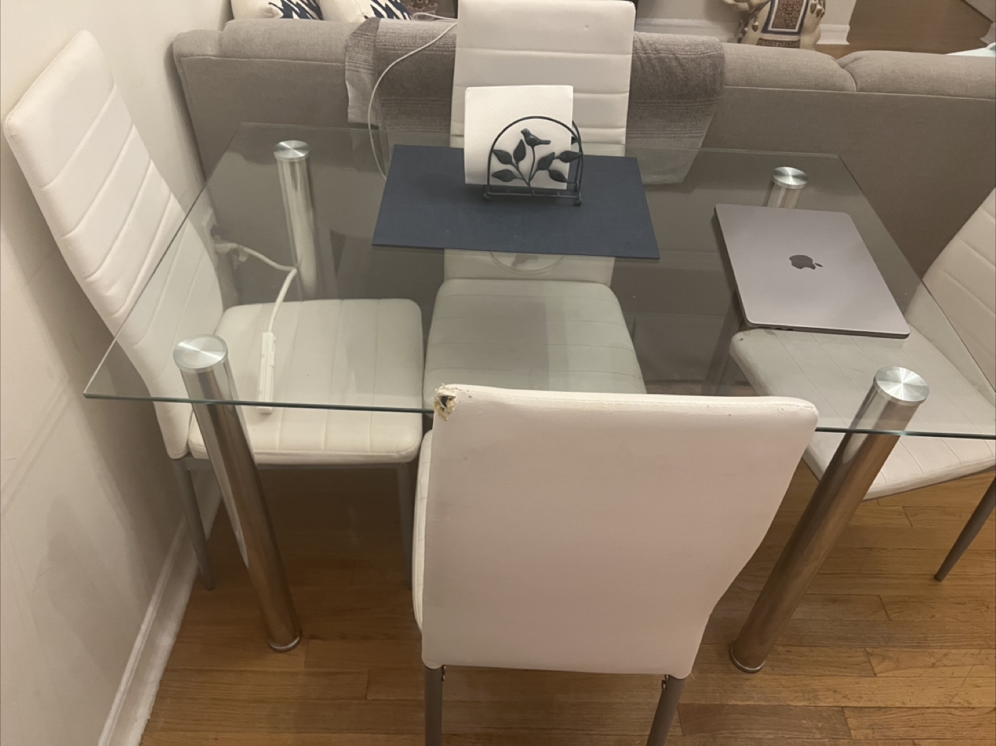 Glass Dining Table with 4 White Chairs
