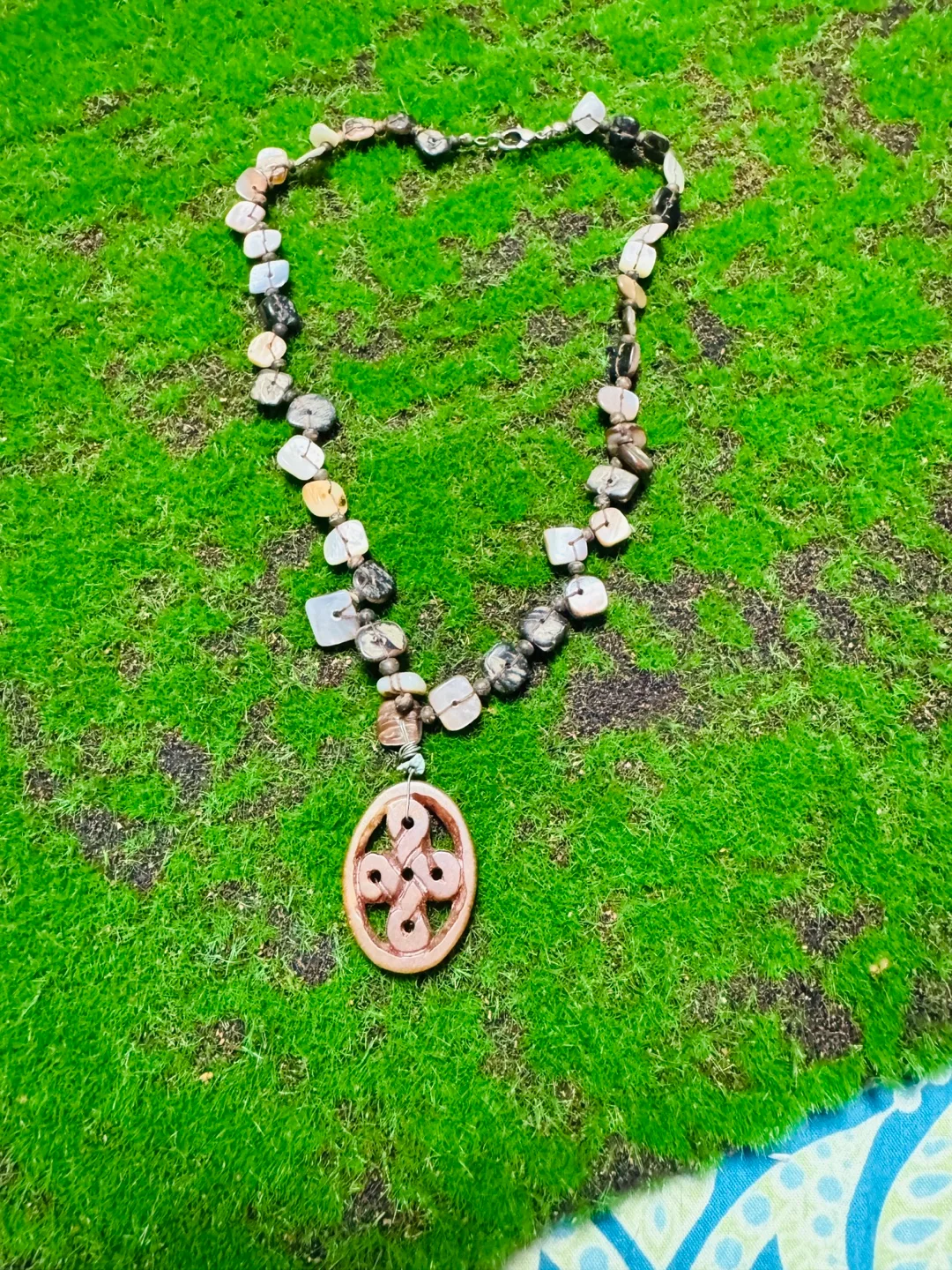 Handmade on this Beaded Necklace with Carved Pendant thumbnail