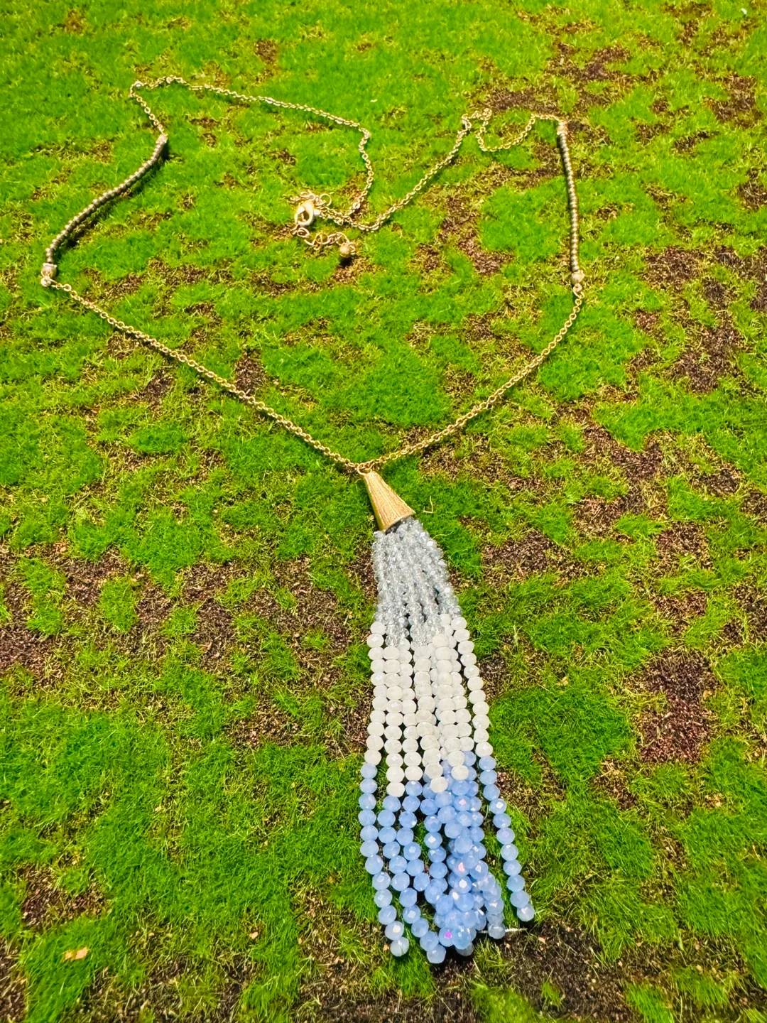 Tassel Beaded Necklace - Blue, White, Gray thumbnail