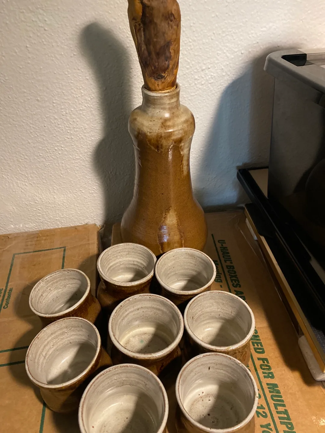Pottery Carafe with 8 Cups - Earth Tones thumbnail