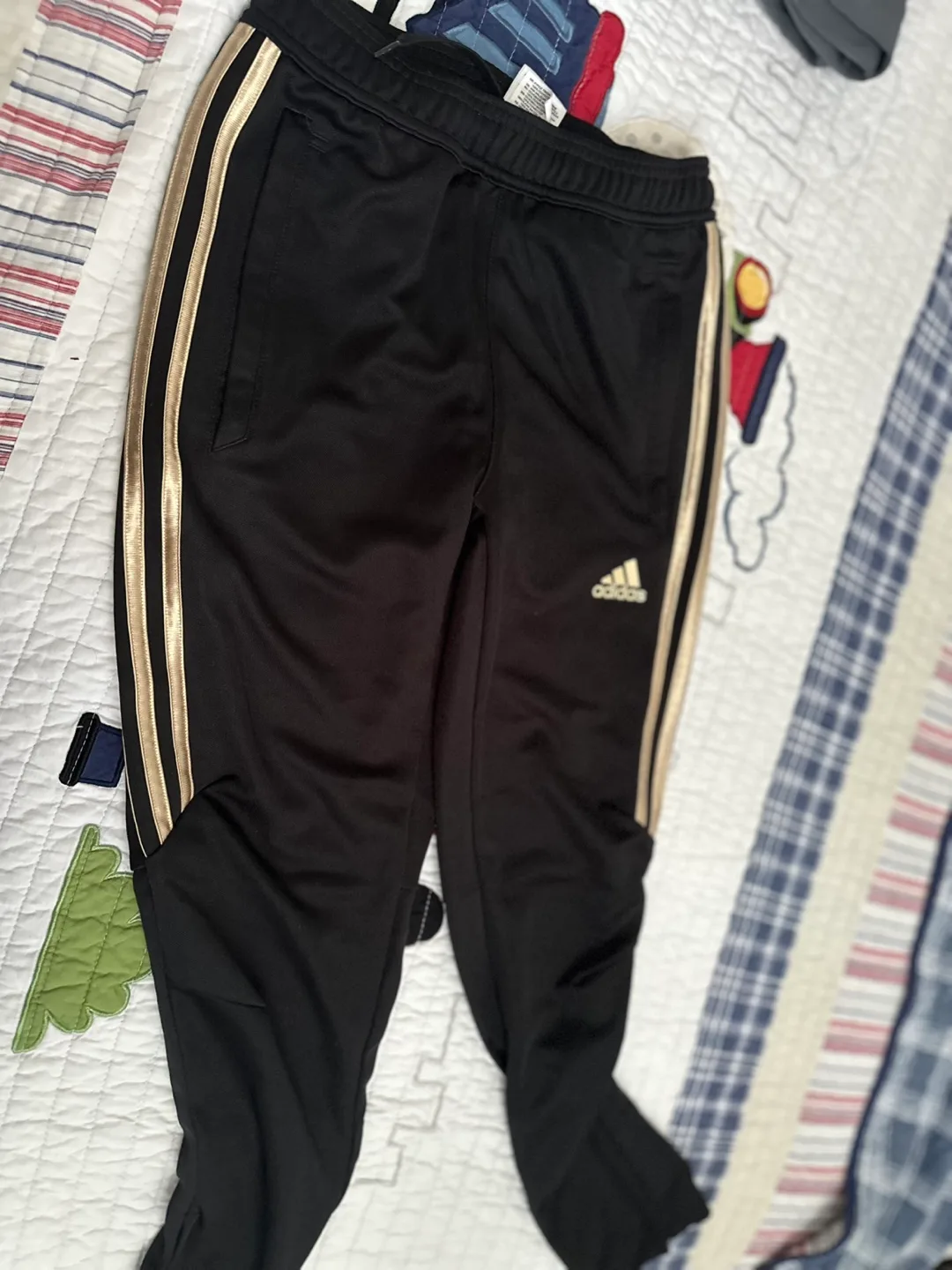 Adidas Black Track Pants with Gold Stripes thumbnail