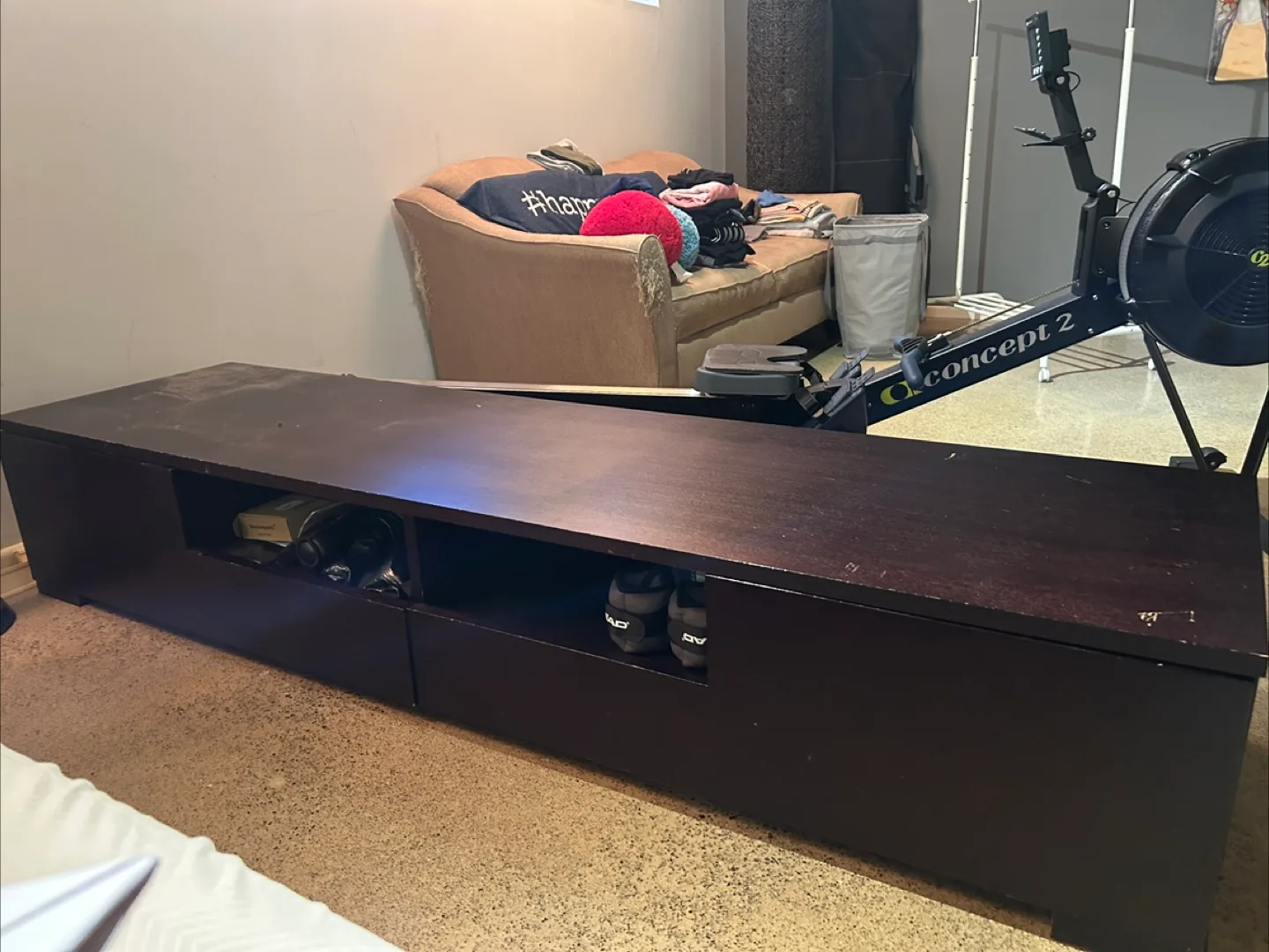 Dark Brown TV Stand Console 87 x 23 x 16 inch Heavy Solid Wood thumbnail