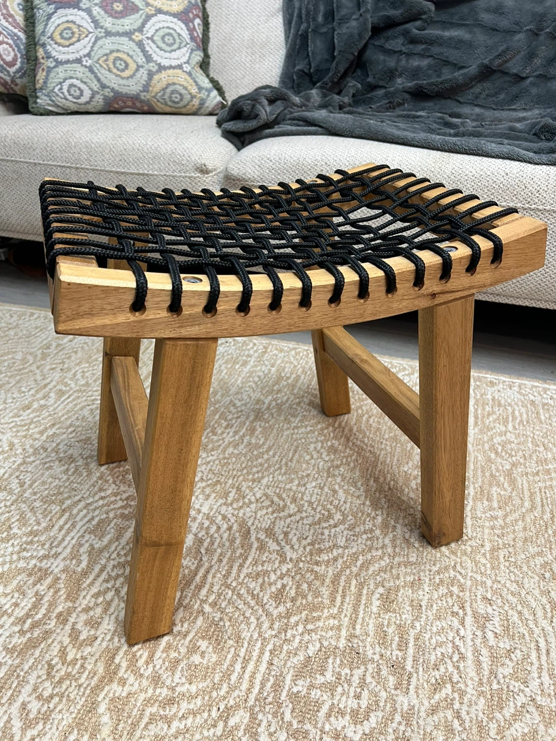 Wooden Stool with Black Woven Seat - photo 2