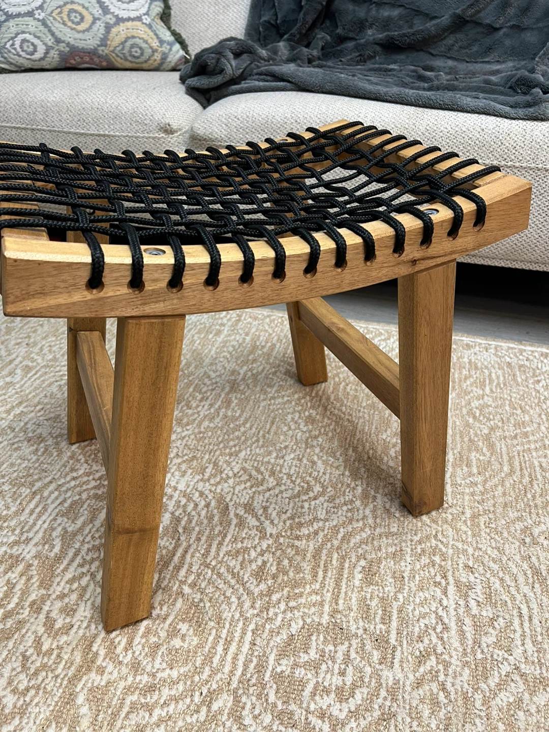 Wooden Stool with Black Woven Seat - photo 3