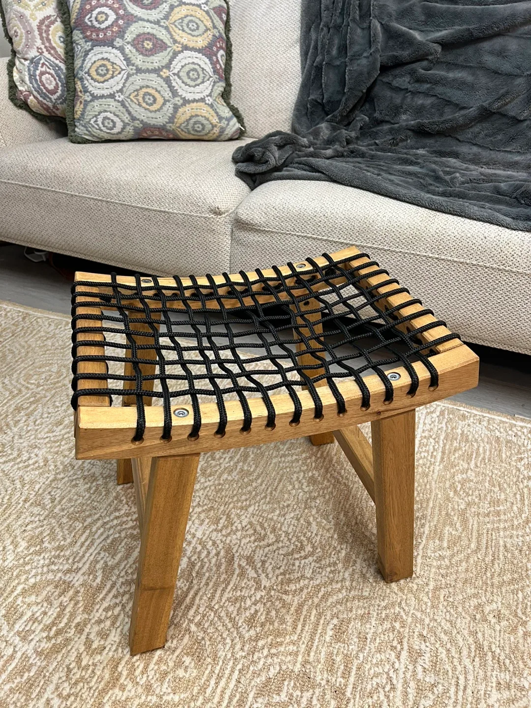 Wooden Stool with Black Woven Seat thumbnail