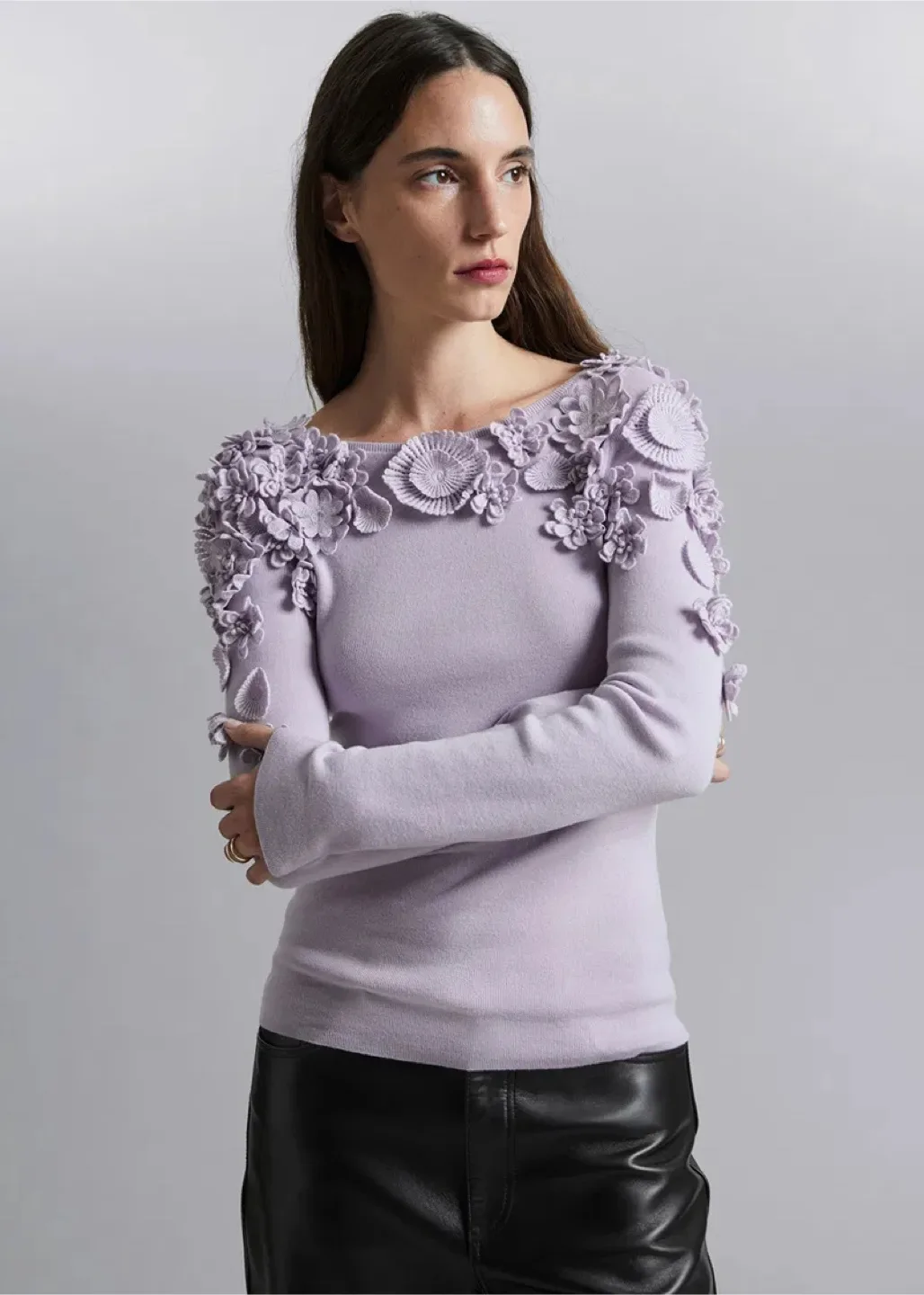 Beautiful & Other Stories Floral Lavender Knit Top - XS thumbnail