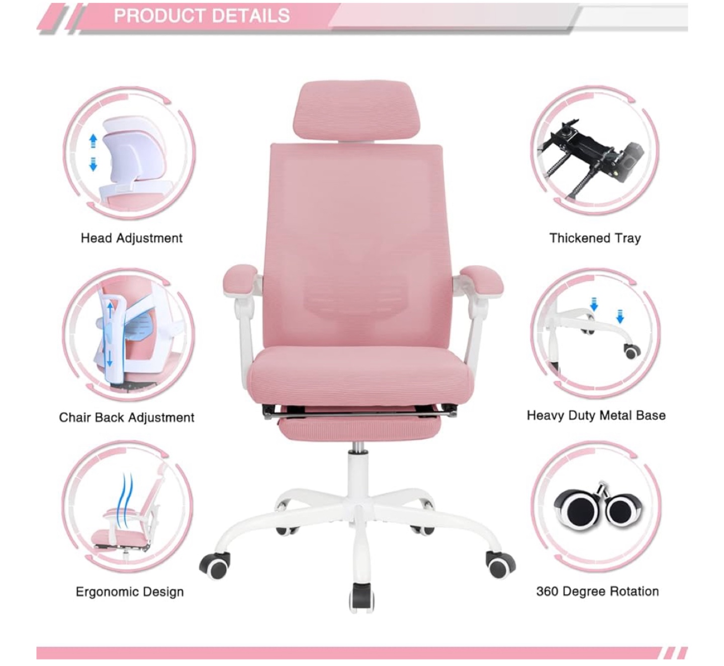 Pink Ergonomic Office Chair with Footrest - photo 2