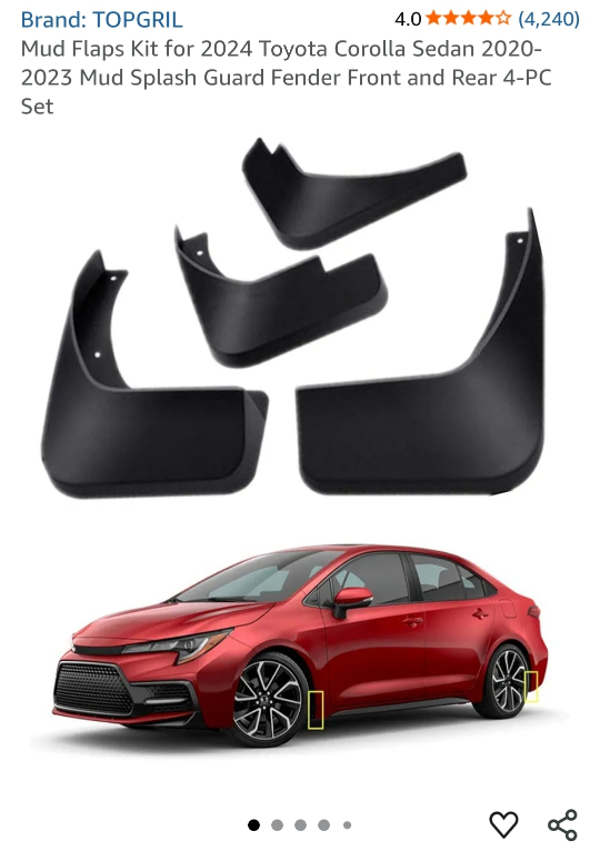 TOPGRIL Mud Flaps Kit for Toyota Corolla Sedan