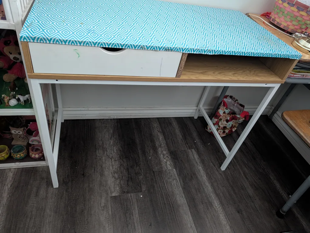 White & Wood Desk with Blue Patterned Top thumbnail