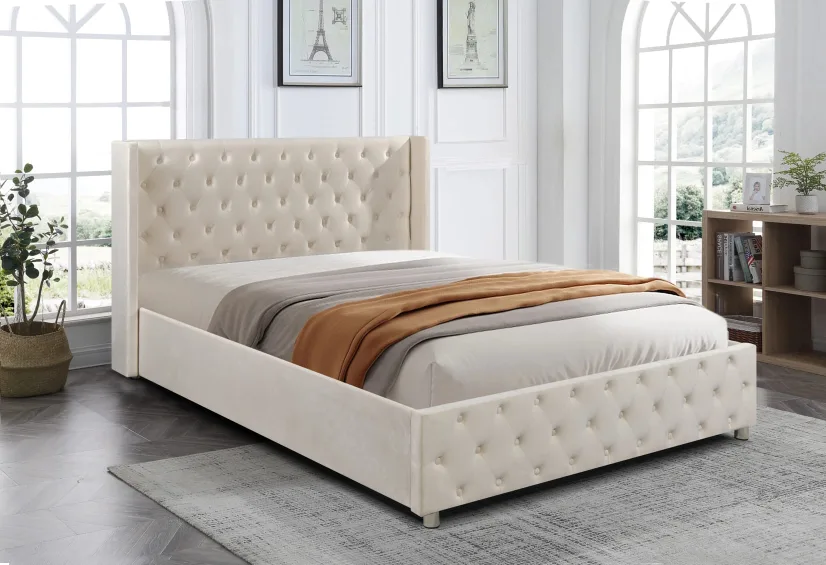 Upholstered Platform Bed Frame - Beige with storage thumbnail
