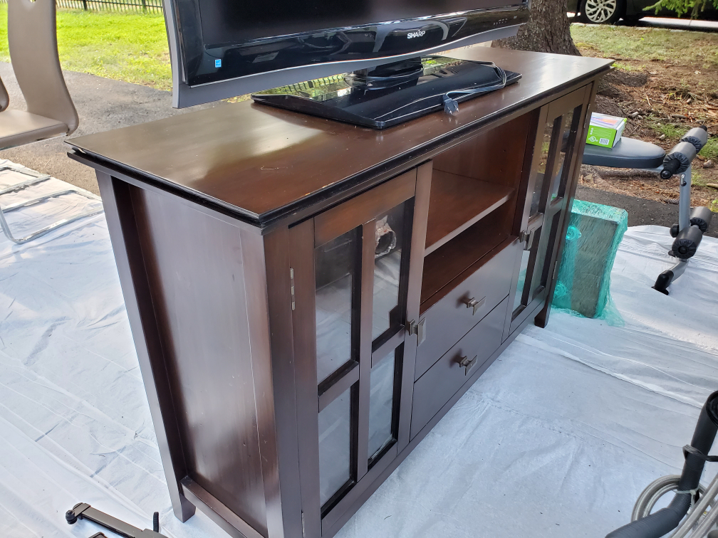 Brown Wood TV Stand with Glass Doors