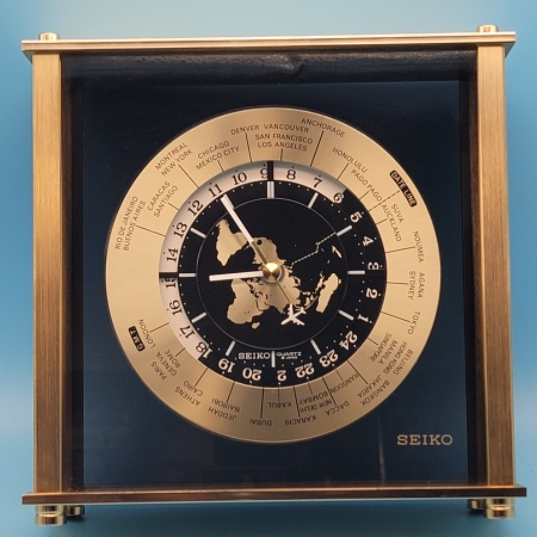 🥳VGC🤩 Seiko Quartz WORLD TIME CLOCK Brass/ Glass