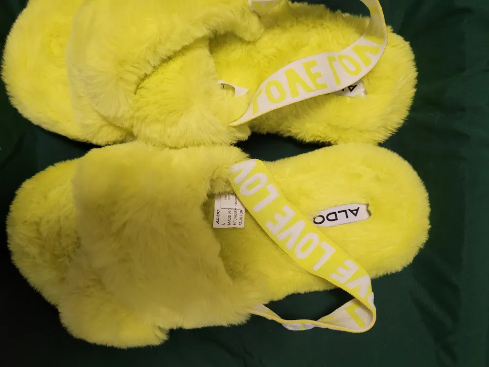 Aldo Yellow Fuzzy Slippers - Size L thumbnail