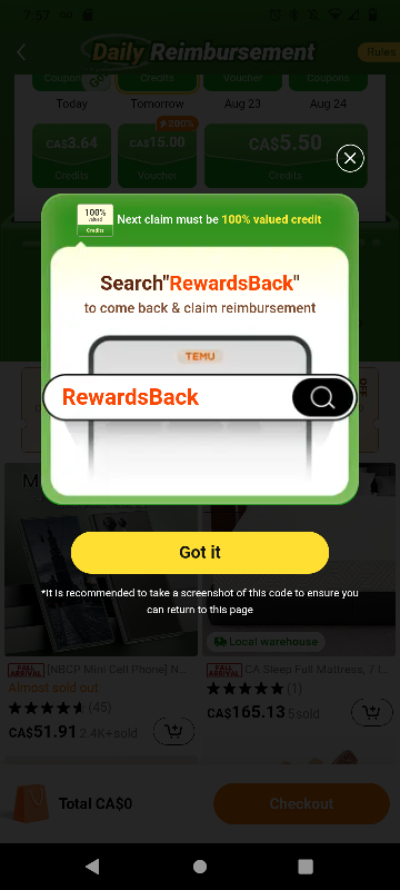 Temu RewardsBack Credit