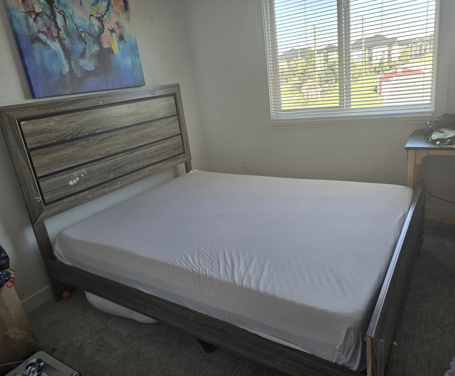 Queen Size Bed Frame - Wood and mattress