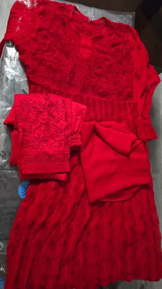 Red Chickankari Suit thumbnail