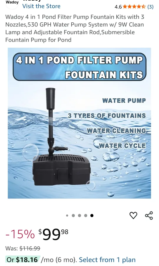 Wadoy 4-in-1 Pond Filter Pump Fountain Kit thumbnail
