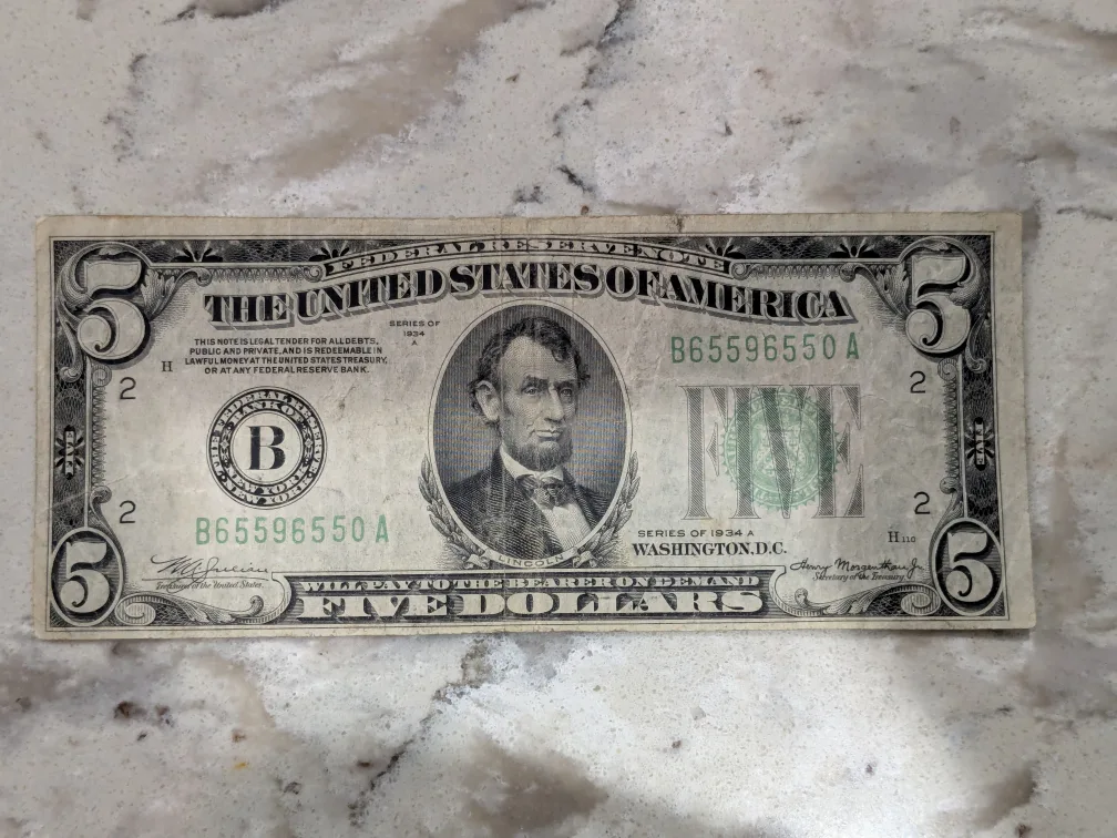 Series of 1934 A $5 dollar bill Federal Reserve Bank of New York thumbnail