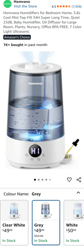 Homvana Humidifier for Bedroom Home, Grey - photo 3