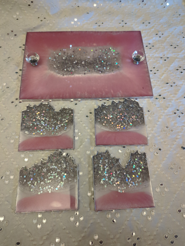 Pink Resin Tray with Coasters Set