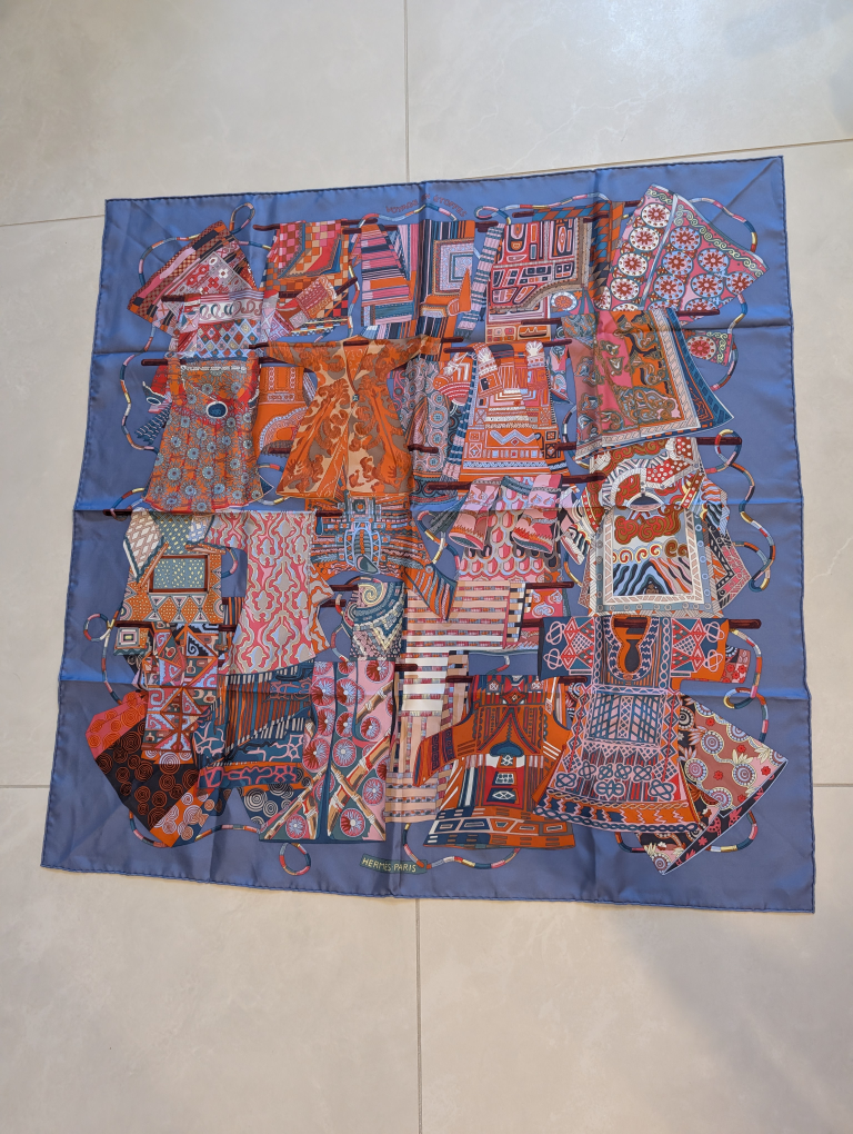 Hermes Silk Voyage En Etoffes Scarf 90 Parme Corail Rose