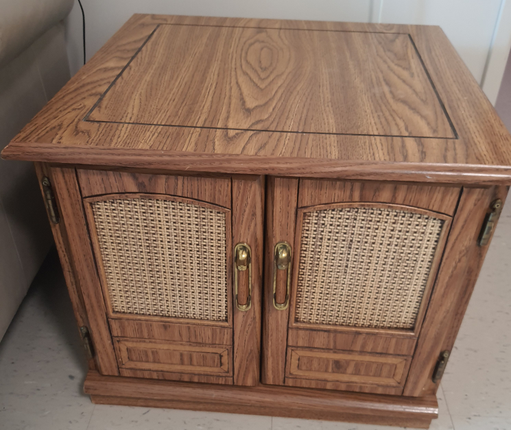 Oak Wood Side Table with Wicker Doors