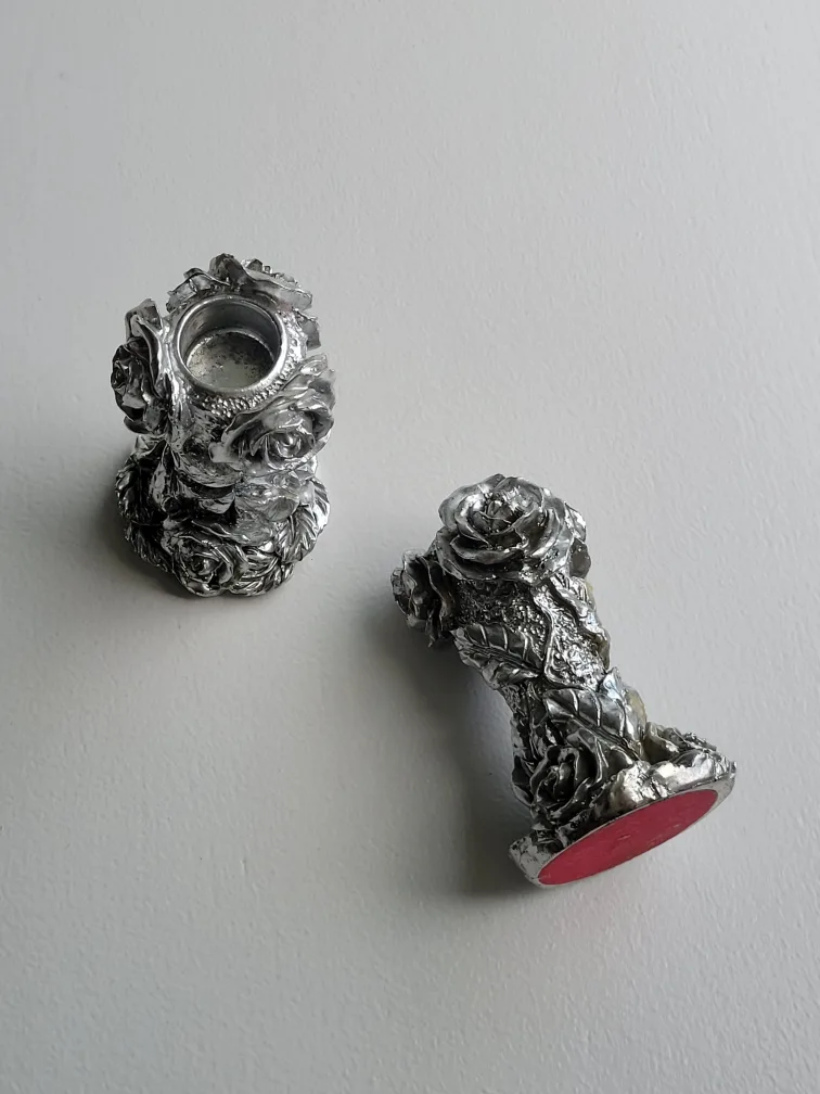 vintage Victorian Pewter Rose Design Candle Holders (Set of 2) image indicator(3)