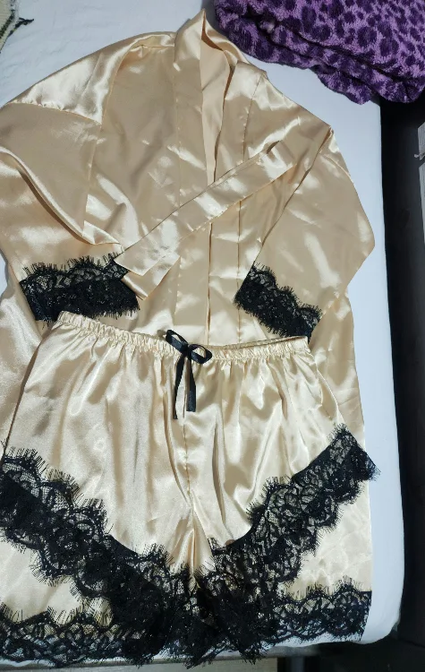Gold Satin Robe with Black Lace Trim thumbnail
