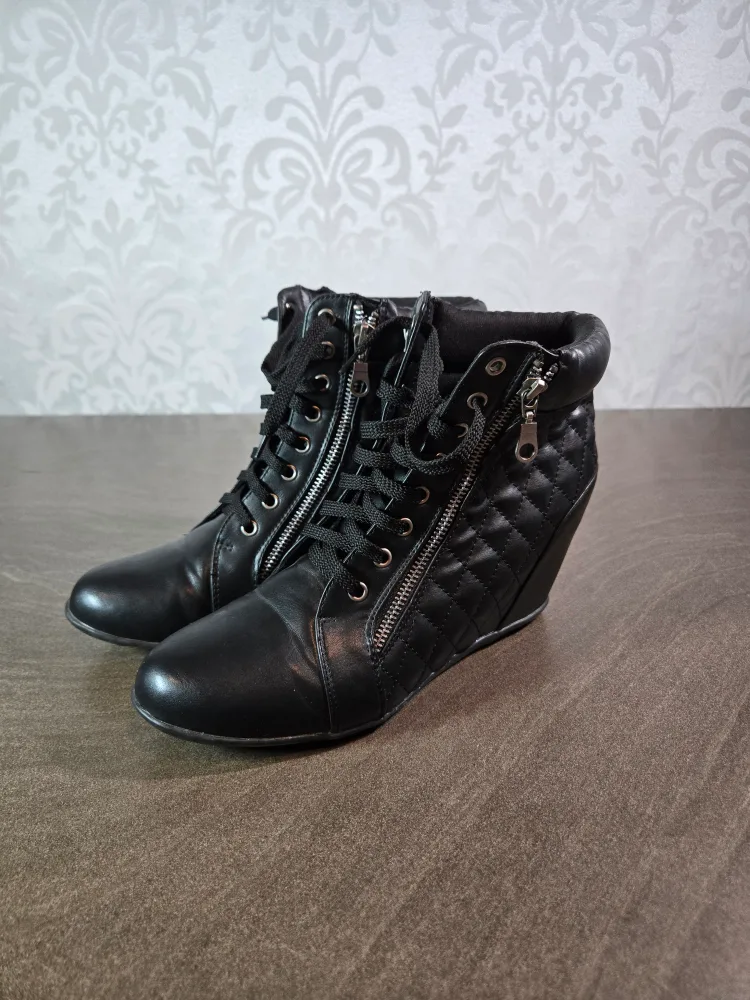 Size 10 mblm Black Quilted Wedge Heel Booties thumbnail