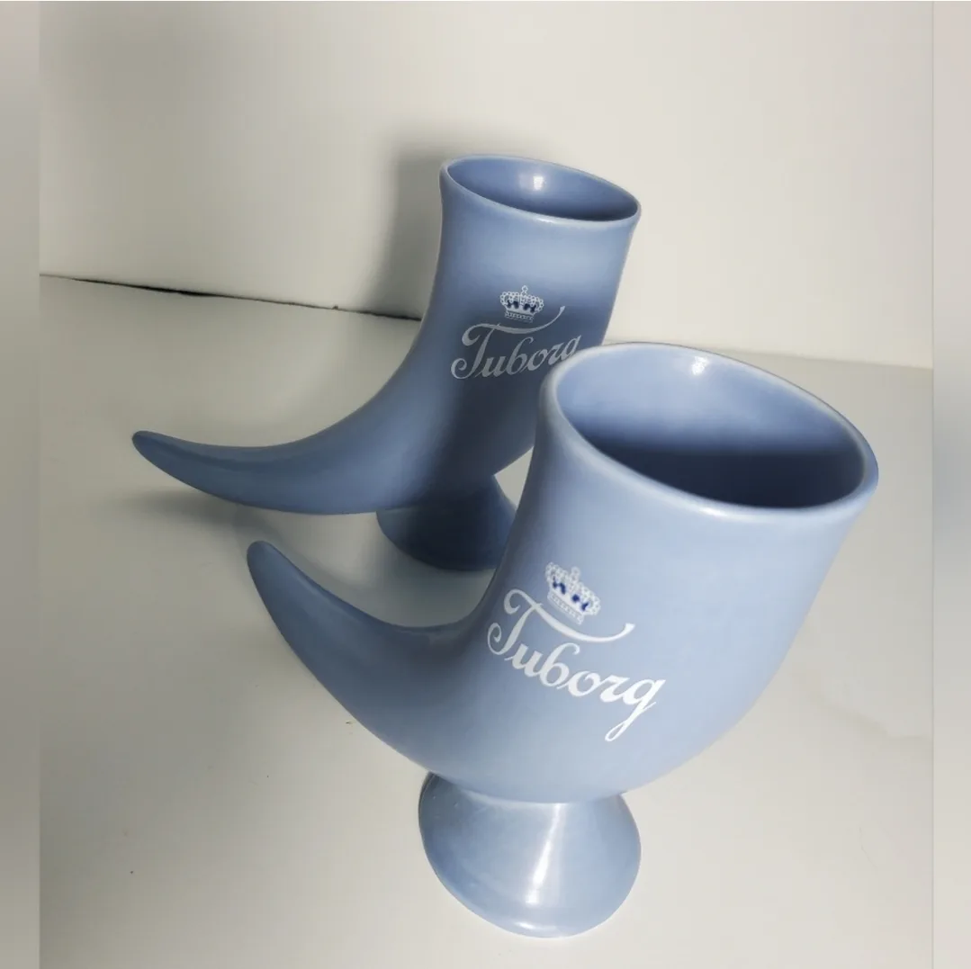 2 Vintage Tuborg Danish Mug Blue Beer Ceramic Drinking Horn image indicator(6)